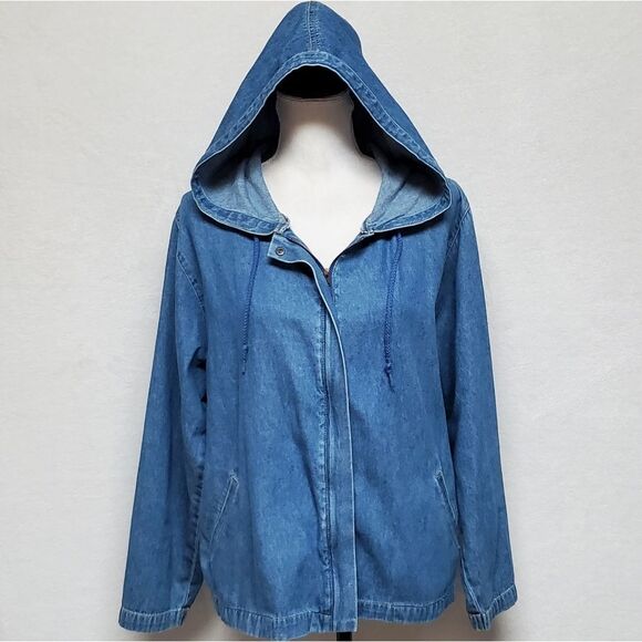 VINTAGE 1990s Sag Harbor Stone Wash Full-zip Hooded Denim Shacket Jacket Medium - Picture 6 of 16